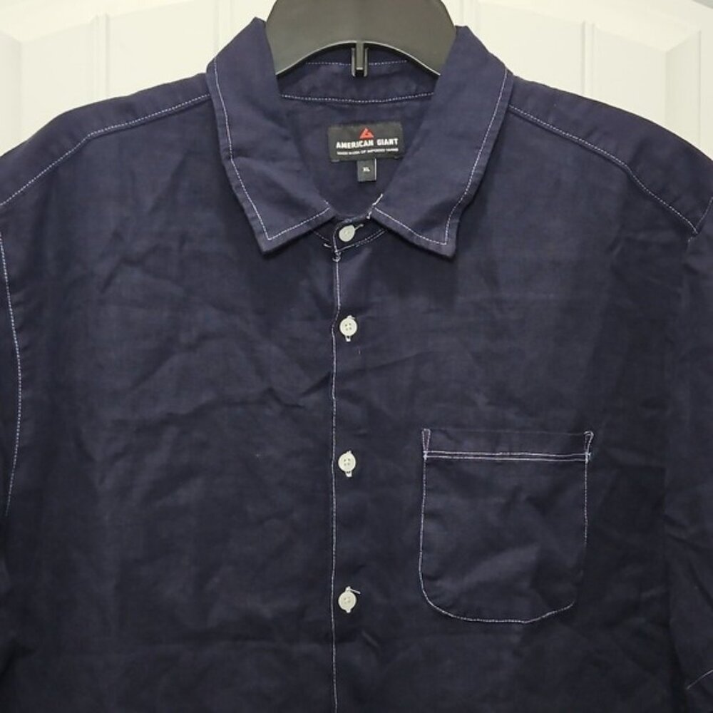 American Giant 100% Linen Button Up Casual Short Sleeve Collared Shirt XL New - Picture 2 of 5